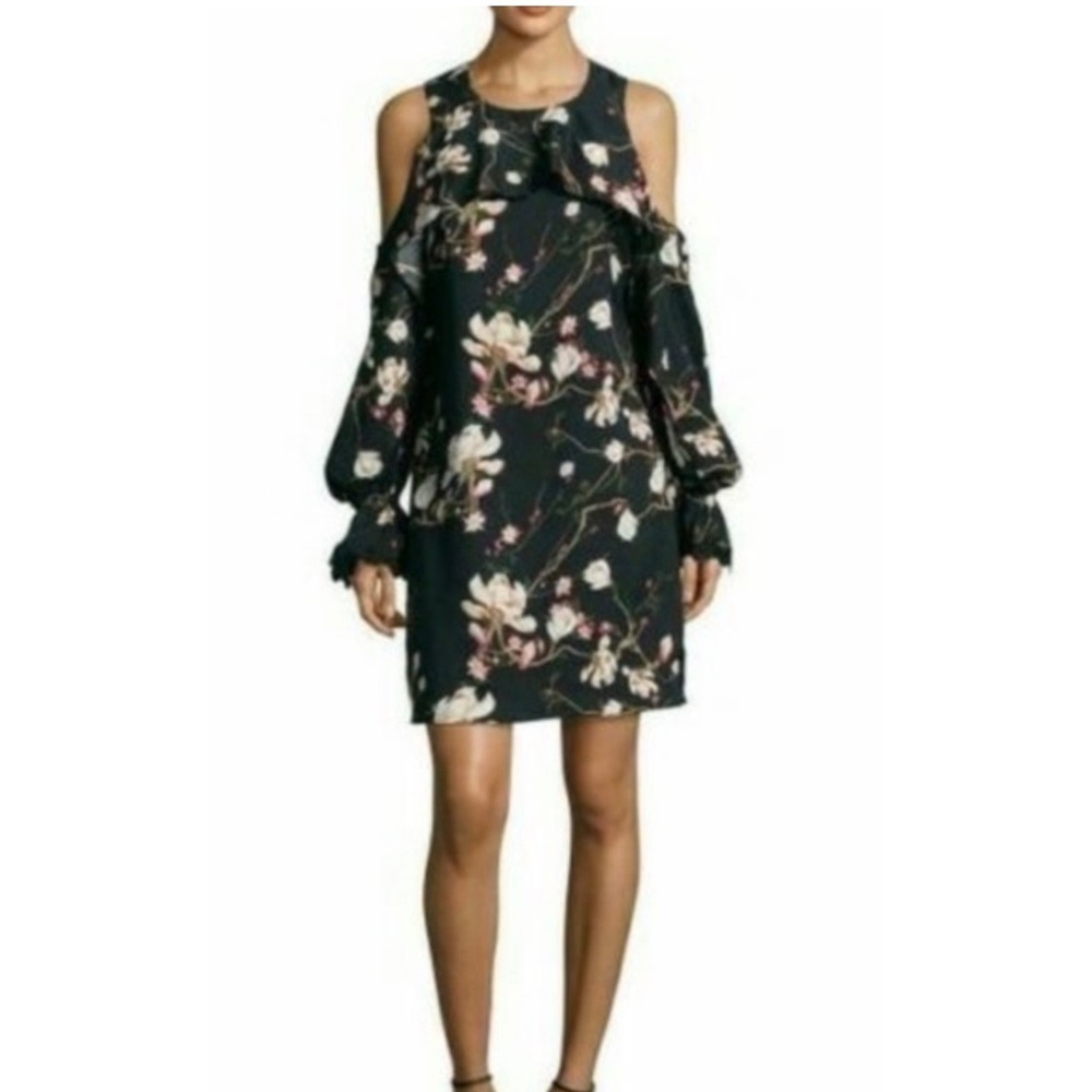 Saks Fifth Avenue Black Floral Cold Shoulder Ruffle Mini Dress Lace Trim Small